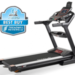 A side view angle of the Sole F85 treadmill with a best buy badge in the top left corner