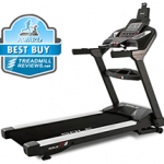 A side angle view of the Sole TT8 Treadmill with best buy badge in the top left corner