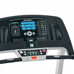 Console of the Life Fitness F1 Smart Treadmill. This features 2 cup holders, iPod/iPhone holder and several buttons