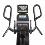 Console of the ProForm HIIT Trainer Elliptical. This elliptical features a tablet holder, a digital screen, a fan, a speaker and several buttons