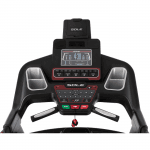 Console of the Sole S77 Treadmill. This features a digital screen, a speaker, 2 cup holders, a tablet holder and several buttons